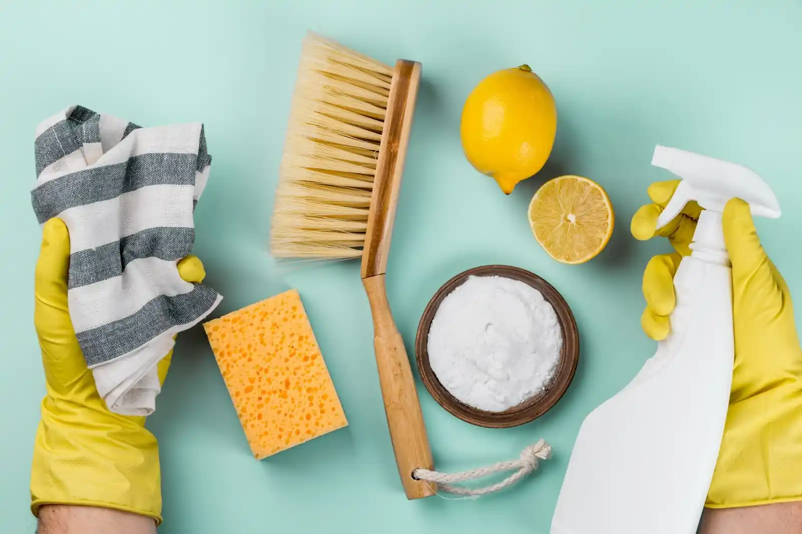 Person wearing yellow gloves and holding cleaning supplies