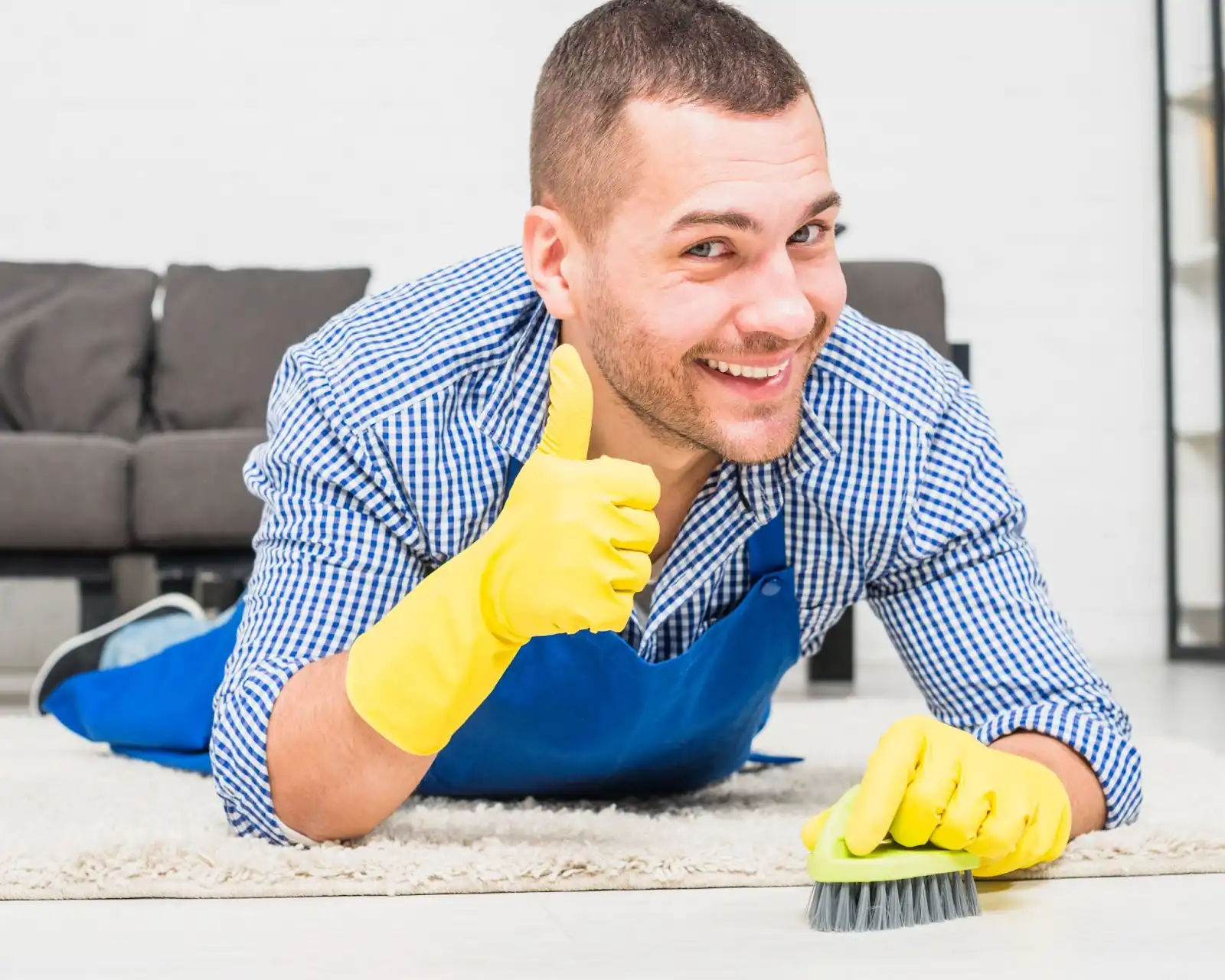 Man wearing yellow gloves, showing a thumbs up after cleaning a while rug